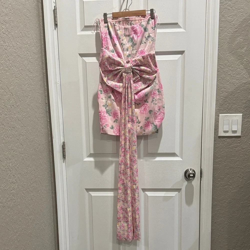 Pink Floral Strapless Ruched Mini Dress - Picture 4 of 8
